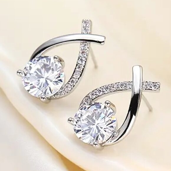 Earrings Rhinestone Criss Cross Teardrop Pierced Classy Minimalist Silver Glam - Picture 2 of 4